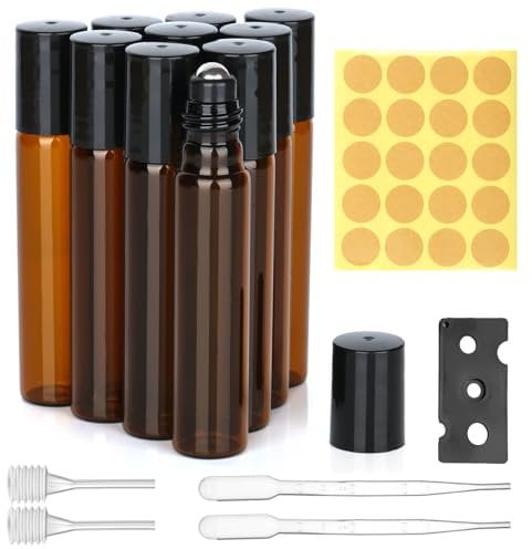 Ailvor Roll on Glasflaschen für Ätherisches Öl - 10 Stück Braune Flasche Leer 10ml, Nachfüllbar Rollon Flaschen für Öle, Duftstoff, Kosmetika, Massagen