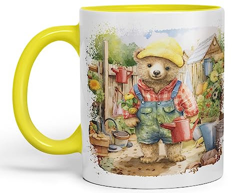Vixar Teddy Bear Gardener Men Garden Ceramic Mug Coloured Mug Cup Gift Birthday Work Office Tea Coffee (L Yellow)