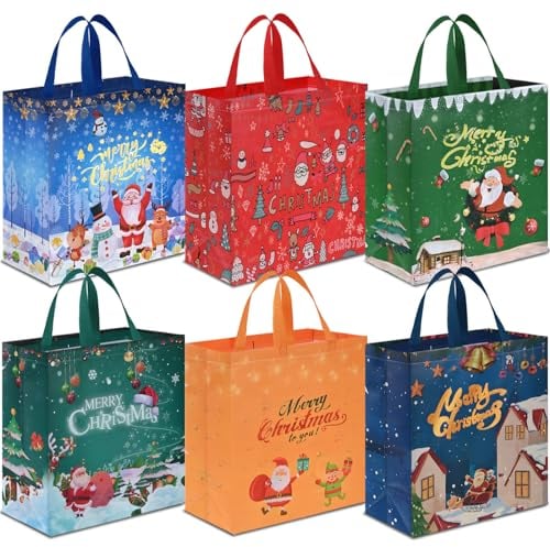 AhfuLife 6 Stück Geschenktüten Weihnachten Groß, 38 * 35 * 15CM, Non Woven Weihnachtstaschen Weihnachtstüten mit Griffen, Wiederverwendbare Weihnachtsgeschenktüten, Weihnachts Geschenktüten