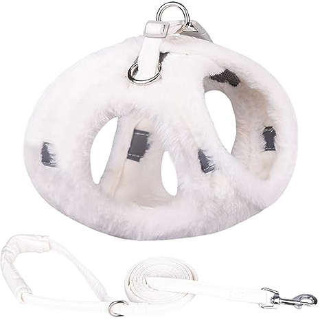 Hundegeschirr Und Leine-Set Für Den Winter, Warm, Dickes Fell, Für Den Außenbereich, Reflektierend, Set Aus Hundegeschirr Und Leine Für Chihuahua, Mops, Warmes, Verstellbares Geschirr,Weißes
