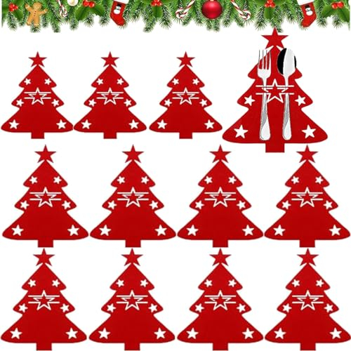 12 Pezzi Portaposate Albero di Natale,Portaposate in Feltro di Natale, Tasca per le Posate Albero di Natale,Portaposate di Natale, Portaposate per Natale, per la Tavola Delle Feste Decor Natalizia (A)