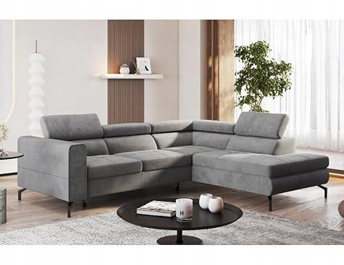 Easy4You Grau Ecksofa Balsta Velours in L-Form 264 x 73 x 203 cm mit Schlaffunktion und Bettzeugbehälter - Schlafsofa mit Bettkasten Links oder rechts - Eckcouch mit Stauraum - Stoff: Monolith 85