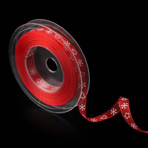 Weihnachtsband, 20 m x 1 cm Schneeflockenband Frohe Weihnachten Satinband Drahtband zum Basteln Geschenkverpackungen Weihnachtsdekoration(Rot)