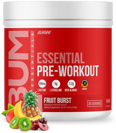 RAW Essential Pre-Workout Powder (Fruit Burst) - Chris Bumstead Sports Nutrition Supplement for Men & Women - Preworkout Energy Powder with Caffeine, L-Citrulline, L-Tyrosine, & Beta Alanine Blend