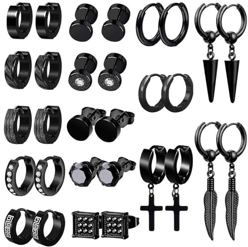 30 Stück Herren Ohrringe Edelstahl Creolen Kreuz Feder Anhänger Ohrringe Set Ohrstecker für Männer Frauen Cool Kpop Ohrringe Schwarz