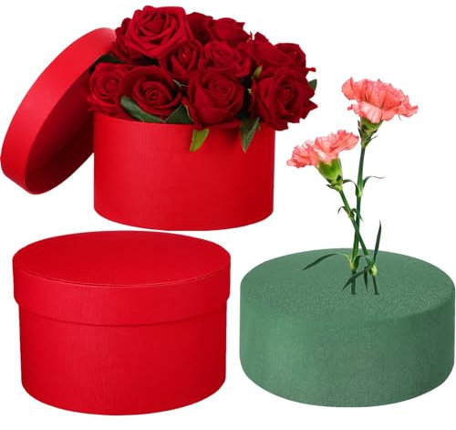 Nuenen Geschenkboxen mit Deckel, Blumenschaum-Set, runde Schachteln, Blumenarrangements, Zubehör, runder Blumenschaum für Blumen für Muttertag, Brautjungfer, Hochzeit (rot)