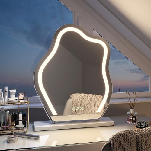 EMKE Hollywood Spiegel mit Beleuchtung, 3 Lichtfarben dimmbar, Schminkspiegel mit Beleuchtung, Schminktischspiegel mit Touch, 360 Grad Drehbar, asymmetrischer Spiegel 58x45cm (Weiß)