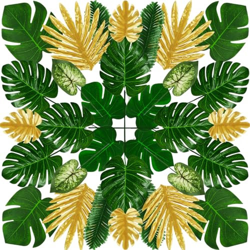 QUOZUO Tropical Party Decorations, 50 Pieces 7 Kinds Artificial Palm Leaves Green and Gold Tropical Monstera leaves with Stems for Hawaiian Luau Party Jungle Beach Decorations
