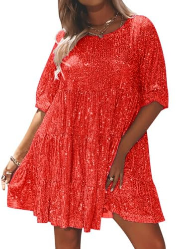 Minetom Damen Pailletten Kleid Kurzarm Party Cocktailkleid Club Glitzer Rundhals Vintage A-Linien Minikleid Festlich Abendkleid Glitzerndes Prom Kleider A1 Rot XXL