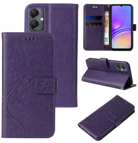 LBH Handy Hülle für Samsung Galaxy A05 Case Handytasche Schmetterling Blumen Flower Standfunktion Schutzhülle Magnet Rundum Schutz 360 Grad Flipcase Cover Violett