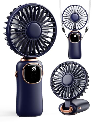 ColdSky Portable Handheld Fan, 4000mAh Battery Operated 3-in-1 Multifunction Personal Travel With Digital Display, 90° Foldable Desk With Base, 5 Speed for Makeup/Office (Blue)