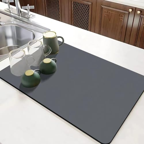 YQBFTC Abtropfmatte Geschirr,60x40cm Kaffeemaschine Matte Unterlage,Saugfähige Abtropfmatte Spüle mit PU Leder,Abtropfmatte Kaffeemaschine für Küche,Bad,Theke,rutschfest&Schnelltrocknend (Dunkelgrau)