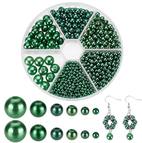 PH PandaHall 6 Sizes Green Pearl Beads Imitation Pearl Acrylic Beads, 1070Pcs Pearl Craft Beads Round Loose Spacer Beads for Jewellery Necklace Bracelet Earrings Key Chains Vase Filler Decor