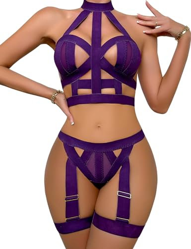 Aranmei Set di Lingerie Sexy da Donna, 4 Pezzi, con Scollo all'Americana, Reggiseno e Slip con Reggicalze, Viola M