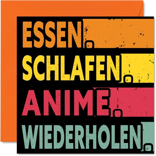 Lustige Geburtstagskarte – ESSEN, SCHLAFEN, ANIME, WIEDERHOLEN – Karten für Sie oder Ihn, 145 mm x 145 mm große Geburtstagsgrußkarten für alle Anlässe, Geburtstagskarten für Frauen und Erwachsene