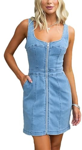 babao Damen-Jeanskleid mit Reißverschluss vorne, ärmellos, figurbetont, kurzes Denim-Kleid, Sommer-Jeans-Tank-Kleider