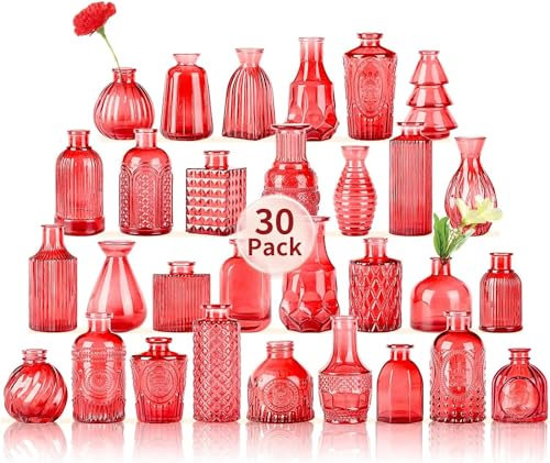 KOIUEYW Rote Glasvasen-Set, 24 Stück, Vintage-Stil, kleine Vasen für Blumen, Kristall-Mini-Gläser in Großpackung, kleines Blumen-Design für Tafelaufsätze, Hochzeitsdekorationen, Zuhause