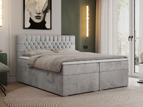 MKS MEBLE Boxspringbett 140x200 cm mit Bettkasten, Premium Multipocket Matratze H3 mit Topper T25, Doppelbett mit Kopfteil PERA - Hellgrau Velvet