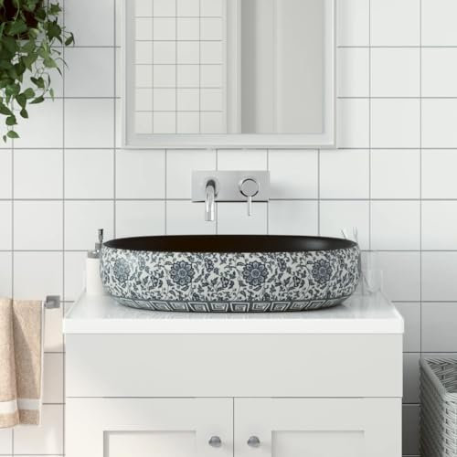 Homgoday Aufsatzwaschbecken Schwarz und Blau Oval 59x40x14cm Keramik Aufsatzwaschbecken Waschbecken Gefäß Waschbecken für Toilette Waschtisch Schrank Badezimmer Waschbecken für kleine Garderobe