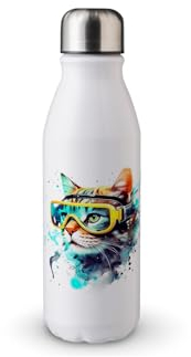 MAXIKIWI Einwandige Wasserflasche mit Schraubverschluss, nicht isoliert, leichtes Aluminium, BPA-frei, auslaufsicher, Katze, Unterwasser-Schnorcheln, Schwimmen, Clippart – 500 ml