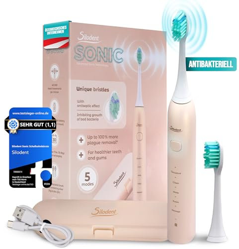 Silodent Schallzahnbürste | Zahnbürstenköpfe mit antiseptischen Borsten für Premium Zahnbürste Champagne mit 5 Programmen und Reiseetui | Bürstenköpfe kompatibel mit Philips Sonicare