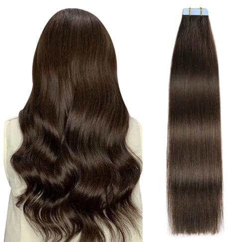 SUYYA Tape Extensions Echthaar,Invisible Tape in Extensions Echthaar Seidig Gerade Remy Tape Haarverlängerungen Echte Menschliches Haar 16 Zoll 40cm 20 Stück 40G #2 Dunkel Braun