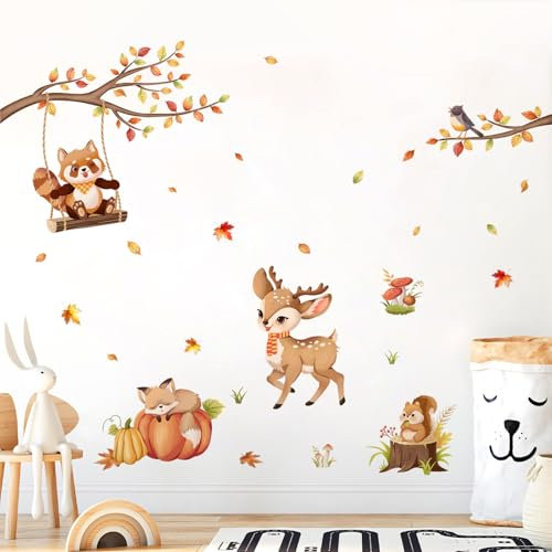 Tanlaby Animaux Forêt Autocollant Mural Feuilles D'automne Plante de Citrouille Sticker Mural Raton Laveur Écureuil Décoration Murale pour Chambre Enfants Bébé Pépinière Salon