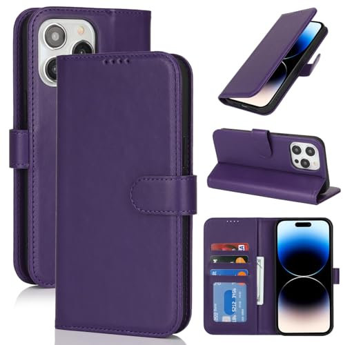 Zouzt Case for iPhone 14 Pro (6.1 Inch), Premium PU Leather Wallet Case with Credit Card Holder Slot Flip Folio Kickstand Shockproof Protective Phone Cover (Dark Purple)