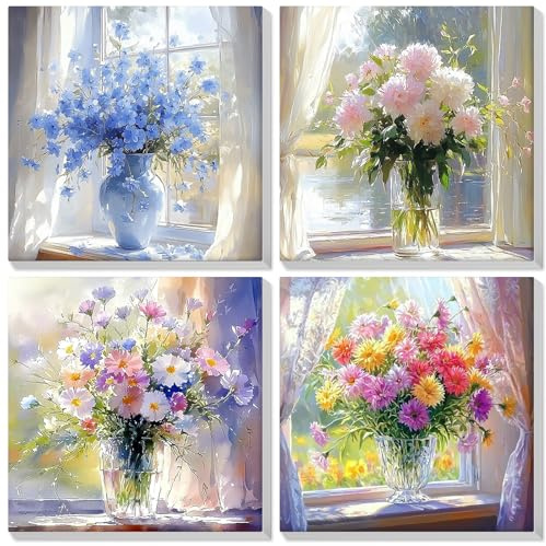 Lxmsja 4 Pack Pintar por Numeros Adultos Flor de tulipán con Marco, DIY Cuadros para Pintar por Números Lienzos, Pintura Acrilica Manualidades Adultos Niña, 20x20cm