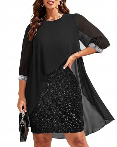 Talisea Cocktailkleid in Übergröße – eleganter Chiffon-Umhang mit 3/4-Ärmeln, Glitzer, Abendkleid, Party, Hochzeit, Gastkleider, Damen, formell, Schwarz, 52 Mehr