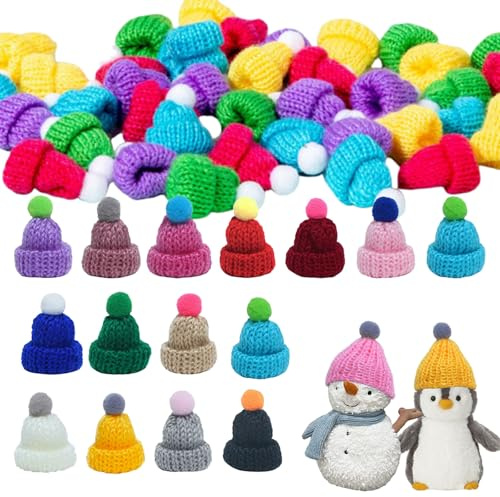 Niaciswe Mini Wollmütze 60 Stück Finger Weinflasche Hut Mini Hüte Strickmützen Weinflasche Topper Hut Mützen für Sorgenwürmchen Geeignet für Weihnachtsbaumschmuck,Weinflaschendekoration (Farbgewebte)