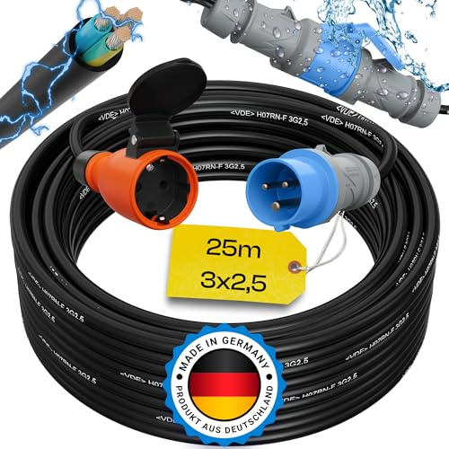 maxgo 25m Camping Adapter CEE auf Schuko 230v 16a 3x2,5 H07RN-F Stromadapter Stromkabel Landstromanschluss Adapterkabel Verlängerungskabel Kabel Wohnmobil Schukostecker Mennekes Campingkupplung