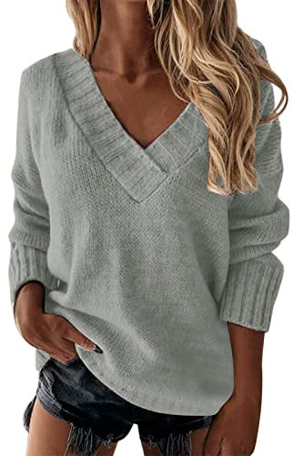 Jersey Punto Mujer Suéter Mujer Cuello Pico Jersey Mujer Otoño Jerseys Finos Mujer Suéter De Manga Larga Con Cuello En V De Color Liso Para Mujer SuéTer Fino Mujer Manga Larga