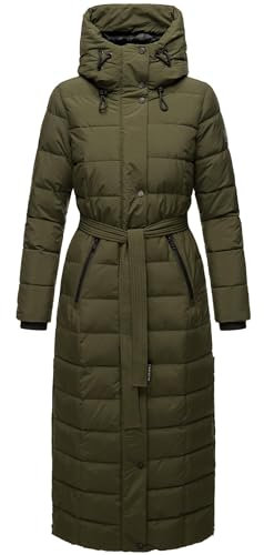 Navahoo Damen Wintermantel Warmer Steppmantel lang mit Kapuze und Taillengürtel Das Teil XIV Dark Olive Gr. 3XL