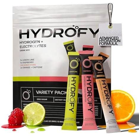 Hydrofy Hydrogen Water + Electrolytes Drink Mix - Variety Pack | H2 Hydration Packets with Molecular Hydrogen, Sodium, Potassium, Magnesium | Lemon Lime, Raspberry, Orange + Caffeine | 12 Count
