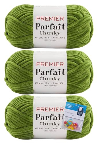 Premier Parfait Chenille Chunky Yarn, 3 Pack with Bella's Crafts Markers (Goblin)