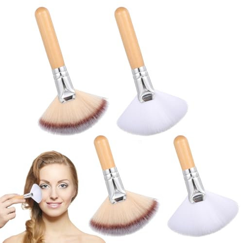 4Pcs Facial Finishing Powder Fan Brush, Highlighter Makeup Brush for Contour Finishing Powder Multi-use Soft Mask Acid Applicator Cosmetic Tools for Peel Mud Cream and Body Wooden handle Brushes