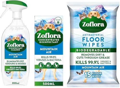 Zoflora Mountain Air Bundle - Multipurpose Disinfectant Trigger Spray, 1 x 800ml, Concentrated Disinfected Liquid, Biodegradable Wipes. (One of each)