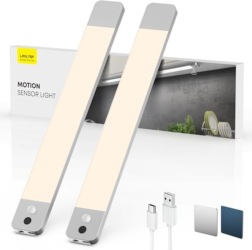 LROLTEF Schrankbeleuchtung Led Lampe mit Handwelle 30cm 4000K Silber | 2200mAh Unterbauleuchte mit Bewegungsmelder, Schranklicht Küche Dimmbar Rahmenlos, Vitrinenbeleuchtung Magnetische, 2 Stück