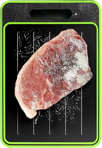 HENGBIRD 4 in 1 Auftauplatte zum Auftauen und Schneiden von Lebensmitteln, Auftaubrett mit Schneidefunktion aus Aluminium, Defrosting Board 36,5 x 25 cm, grüne Umrandung