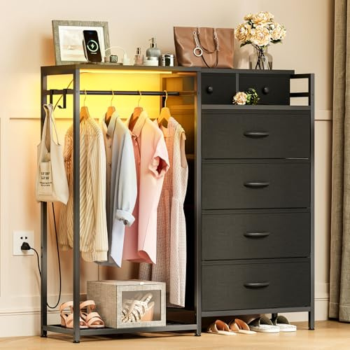 Coleshome Schwarz Kommode, mit Kleiderstange, mit LED und Steckdose | Komodenschrank, Stoffkommode für Schlafzimmer und Wohnzimmer, 110 x 30 x 106 cm