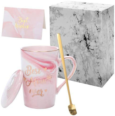 SERTAS Best Mum Ever Mug,Birthday Gifts for Mum,14oz Pink Ceramic Coffee Cup with Gold Print,Lid,Spoon & Card,Gift Boxed