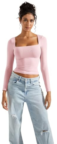 SUUKSESS Women Square Neck Long Sleeve Tops Double Lined Going Out T Shirts Pink