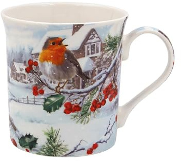 Christmas Robin Fine China Mug – Festive Bird Design Coffee Cup, Holiday Tea & Coffee Mug, Winter Drinkware Gift, Macneil Studio Style Mug