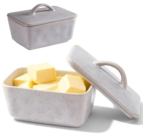 Mantequilla de porcelana, 350 Ml mantequilla de cerámica, 14,5*10,2*6,5 Cm Caja de mantequilla con tapa y mango, contenedor de mantequilla de cerámica, mantequillas de gres para nevera congelador de