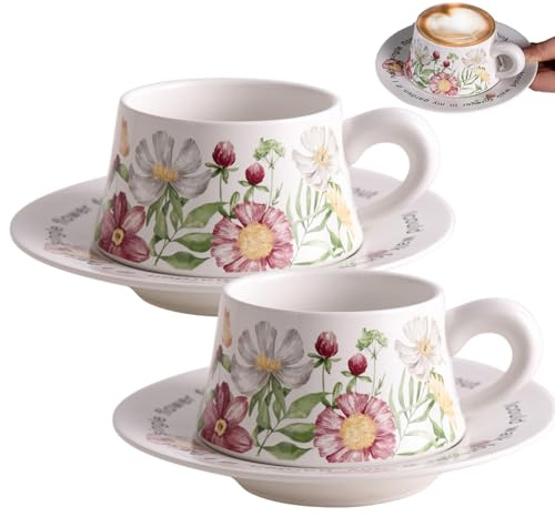 Set tazza da tè con piattino con 2 tazze da tè e 2 piattini Tazza da caffè espresso in ceramica vintage per caffè, latte, cappuccino |.Tazzine da espresso