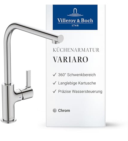 Villeroy & Boch Variaro Küchenarmatur, Auslaufhöhe 303 mm – Chrom | Hochdruck, 360° schwenkbarer Auslauf, wassersparend (8,7 l/min), schnelle Montage, TVK13100200061