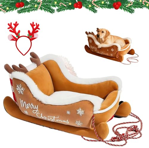 HItianya 2025 Neu Weihnachtsschlitten Haustierbett, Christmas Sleigh Dog Beds, Festive Plush Cosy Dog Bed - Christmas Sleigh, Waschbares Plüsch-Weihnachtskatzenbett, für Welpen Katzen (Braun, S)