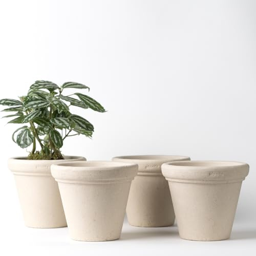 Nipots 4 Pack Terracotta Clay Plant Pots with Drainage, Breathable Water-Absorbing Planters for Healthy Roots, 5 Inch Deep Flower Pots for Gardening, Indoor and Outdoor, Beige