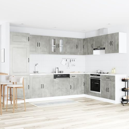 SKTQYQO Kalmar Moderner Küchenschrank mit Doppelwaschbecken, grau, Beton, Holz, 2 Stück, Unterschrank für Waschbecken mit großem Stauraum und verstellbaren Füßen
